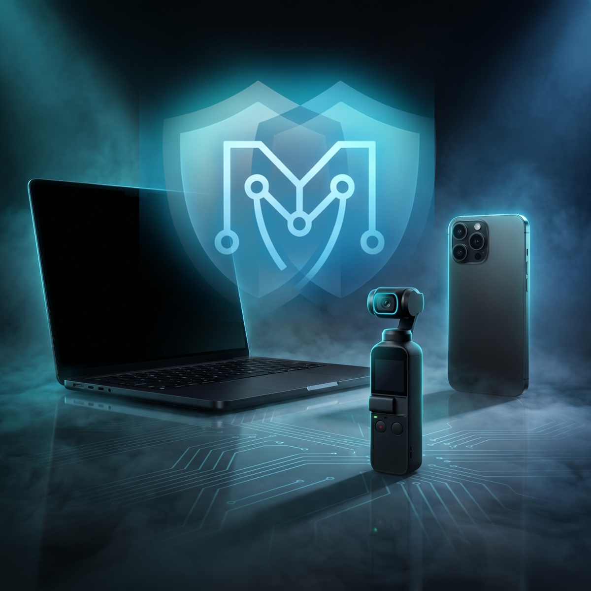 MilMaxxing Tech shield with a laptop, iPhone, and pro camera — representing the three services: web design, iOS apps, and marketing content